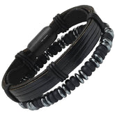 Leather, Hematite, + Lava Beaded Bracelet Stack - Steel Time
